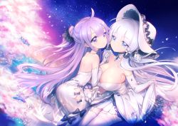 Rule 34 | 2girls, ahoge, ass, azur lane, bare shoulders, black ribbon, blue eyes, blue gemstone, blush, breasts, cleavage, closed mouth, clothes lift, dress, dress lift, elbow gloves, floating hair, garter straps, gem, gloves, hair bun, hair ribbon, hand up, hat, illustrious (azur lane), large breasts, lifted by self, long hair, looking at viewer, low twintails, mole, mole under eye, multiple girls, night, night sky, one side up, purple eyes, purple hair, ribbon, side bun, sidelocks, single hair bun, single side bun, sky, smile, strapless, strapless dress, stuffed unicorn, sun hat, thighhighs, tress ribbon, tri tails, twintails, unicorn (azur lane), very long hair, wazuka (wzzc), white dress, white gloves, white hair, white headwear, white legwear