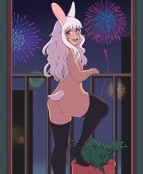 Rule 34 | 1girl, ass, balcony, black thighhighs, breasts, fireworks, from behind, highres, hikikomoriamy, long hair, looking at viewer, medium breasts, night, night sky, nipples, nude, open mouth, original, plant, potted plant, purple hair, rabbit ears, rabbit tail, red eyes, sky, smile, solo, standing, standing on one leg, teeth, thighhighs, tongue