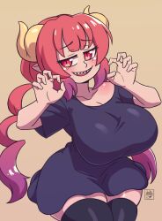 Rule 34 | 1girl, artist name, beige background, black thighhighs, blush, breasts, cleavage, collarbone, deathzerareal, dragon girl, female focus, fingernails, gradient hair, highres, horns, huge breasts, ilulu (maidragon), kobayashi-san chi no maidragon, large breasts, looking at viewer, multicolored hair, open mouth, pink hair, purple skirt, red eyes, red hair, sharp teeth, shiny skin, shortstack, shoulder blush, signature, simple background, skirt, smile, socks, solo, tagme, teeth, thighhighs, tongue, upper teeth only