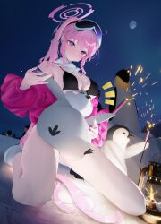 Rule 34 | 1girl, absurdres, animal, bird, blue archive, blush, boots, breasts, cleavage, dingding (chongsangjun), eimi (blue archive), eimi (swimsuit) (blue archive), goggles, goggles on head, highres, jacket, large breasts, long hair, long sleeves, night, official alternate costume, official alternate hairstyle, open clothes, open jacket, open mouth, outdoors, penguin, pink eyes, pink hair, pink jacket, ponytail, scarf, solo, white footwear, white scarf