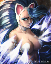 Rule 34 | 1girl, absurdres, animal ears, animal hands, artist name, blue eyes, blue hair, breasts, cat ears, cat girl, claws, fang, fang out, felicia (vampire), glowing, highres, large breasts, long hair, looking at viewer, monster girl, parted lips, reagan long, smile, solo, upper body, vampire (game), very long hair