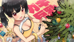 Rule 34 | 1girl, bare shoulders, black hair, blue shorts, blush, breasts, camisole, christmas ornaments, christmas tree, cleavage, collarbone, douki-chan (douki-chan), fang, ganbare douki-chan, kaedeko (kaedelic), large breasts, long hair, looking at viewer, micro shorts, open mouth, oppai loli, red eyes, sasaki kanna (kaedeko), shirt, short shorts, shorts, smile, solo, twintails, wooden floor, yellow camisole, yellow shirt