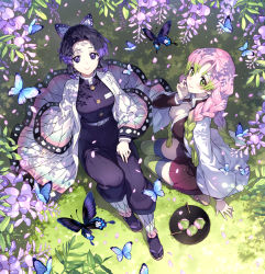 Rule 34 | 2girls, belt, black jacket, black legwear, black pants, black skirt, breasts, bug, butterfly, butterfly hair ornament, closed mouth, commentary request, day, flower, food, from above, gradient hair, green hair, green legwear, hair ornament, hand up, haori, high-waist pants, highres, insect, jacket, japanese clothes, kanroji mitsuri, kimetsu no yaiba, knee up, kochou shinobu, large breasts, long hair, long sleeves, looking at viewer, looking up, military, military uniform, miniskirt, mole, mole under eye, multicolored hair, multiple girls, nardack, no bra, on ground, open clothes, open jacket, open shirt, outdoors, pants, parted bangs, petals, pink hair, plate, pleated skirt, purple flower, purple hair, shirt, sitting, skirt, smile, thighhighs, thighs, tri braids, uniform, white belt, white shirt, wide sleeves, wisteria