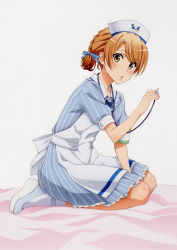 Rule 34 | 1girl, :o, absurdres, apron, back bow, bed sheet, between legs, blue dress, bow, braid, brown hair, collarbone, dress, feet together, frilled dress, frills, full body, hair ribbon, hand between legs, hat, highres, holding, holding stethoscope, isshiki iroha, looking at viewer, nurse, nurse cap, official art, open mouth, ribbon, scan, short sleeves, sidelocks, simple background, sitting, solo, stethoscope, striped, vertical stripes, wariza, white apron, white background, white footwear, white legwear, yahari ore no seishun lovecome wa machigatteiru., yellow eyes