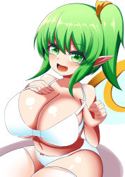 Rule 34 | 1girl, bow, breasts, cleavage, daiyousei, fairy, fairy wings, gero zoukin, green eyes, green hair, hair bow, highres, huge breasts, lingerie, oppai loli, pointy ears, side ponytail, solo, touhou, underwear, wings