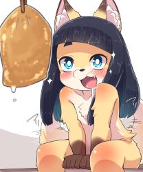 Rule 34 | 1girl, :d, afterimage, animal ears, between legs, black hair, blue eyes, blush, chopsticks, clenched hands, drooling, fang, food, fox ears, fox tail, furry, furry female, hand between legs, long hair, motion lines, open mouth, original, sitting, smile, solo, solo focus, sparkle, tail, tail wagging, thick eyebrows, white background, yuuki (yuyuki000)