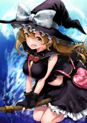 Rule 34 | 1girl, alternate costume, bag, black gloves, blonde hair, blush, breasts, broom, broom riding, crescent earrings, earrings, fingerless gloves, gloves, handbag, hat, highres, jewelry, kirisame marisa, large breasts, long hair, looking at viewer, midriff, neo-masterpeacer, open mouth, smile, solo, touhou, witch hat, yellow eyes
