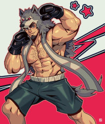 Rule 34 | 1boy, abs, absolum art, animal hood, arm up, bara, bare pectorals, black hair, blue eyes, boxing gloves, chest hair, commission, cowboy shot, facial hair, feet out of frame, fighting stance, goatee, hood, large pectorals, male focus, muscular, navel, nipples, original, pectorals, short hair, shorts, solo, sportswear, wolf hood