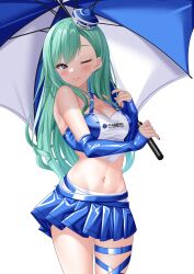 Rule 34 | 1girl, armpit crease, bare shoulders, black nails, blue shirt, blue skirt, breasts, cleavage, closed mouth, cowboy shot, crop top, detached sleeves, green hair, hat, highres, hisame shiki, holding, holding umbrella, long sleeves, medium breasts, midriff, mini hat, miniskirt, mole, mole on breast, nail polish, navel, one eye closed, pacific racing team, pleated skirt, purple eyes, race queen, revealing clothes, shirt, simple background, skindentation, skirt, sleeves past wrists, smile, solo, standing, stomach, thigh strap, thighs, two-tone shirt, umbrella, virtual youtuber, vspo!, white background, white shirt, yakumo beni