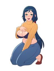 Rule 34 | 1girl, :d, absurdres, aqua eyes, between legs, blue bra, blue eyes, blue hair, blush, bra, breasts, clothes lift, denim, eyebrows, gundam, gundam build fighters, hand between legs, hand on own chest, highres, iori rinko, jeans, kneeling, large breasts, lingerie, long hair, mature female, naughty face, open mouth, pants, ponytail, ribbed sweater, riz, shirt lift, smile, sweater, thighs, turtleneck, turtleneck sweater, underwear, white background, yellow sweater