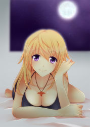 Rule 34 | 10s, 1girl, barefoot, blonde hair, breasts, charlotte dunois, cleavage, face, infinite stratos, jewelry, kishida-shiki, large breasts, lying, moon, necklace, night, on stomach, purple eyes, solo