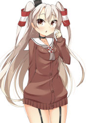 Rule 34 | 10s, 1girl, amatsukaze (kancolle), bad id, bad pixiv id, brown eyes, cardigan, choker, dress, garter straps, hair tubes, kankitsunabe (citrus), kantai collection, long hair, sailor dress, silver hair, solo, twintails, two side up