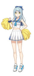 Rule 34 | 1girl, blue neckerchief, blue ribbon, blue sailor collar, breasts, cheerleader, closed mouth, crop top, crop top overhang, cropped shirt, full body, grey hair, hair ribbon, half updo, hand on own hip, hand up, high ponytail, highres, long hair, looking at viewer, medium breasts, miniskirt, neckerchief, original, pleated skirt, pom pom (cheerleading), ribbon, sailor collar, shirt, shoes, simple background, skirt, sleeveless, sleeveless shirt, smile, sneakers, solo, takayaki, white background, white footwear, white skirt, yellow eyes