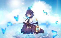 Rule 34 | 1girl, alice (sinoalice), bad id, bad twitter id, belt, black dress, blue hair, blush, breasts, bug, butterfly, choker, cleavage, closed mouth, clothing cutout, dress, gloves, headdress, highres, holding, holding instrument, holding violin, in water, insect, instrument, looking at viewer, navel cutout, red eyes, short hair, sinoalice, sinochihara, sky, solo, violin, water