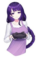 Rule 34 | 1girl, absurdres, apron, blush, braid, breasts, closed mouth, commentary request, genshin impact, highres, holding bento, large breasts, long hair, long sleeves, looking at viewer, mole, mole under eye, nishiuji, purple eyes, purple hair, raiden shogun, shirt, simple background, smile, solo, white background, white shirt, wrapped bento