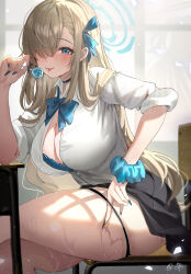 Rule 34 | 1girl, :p, absurdres, asuna (blue archive), black skirt, blonde hair, blue archive, blue bra, blue eyes, blue nails, blush, bow, bowtie, bra, bra peek, breasts, candy, chair, cleavage, desk, fake nails, food, from side, gyaru, hair over one eye, halo, highres, holding, holding candy, holding food, holding lollipop, large breasts, light particles, lollipop, long hair, looking at viewer, loose bowtie, miniskirt, panties, panty pull, pulling own clothes, saliva, saliva trail, school chair, school desk, scrunchie, sitting, skirt, solo, sweat, tansuan (ensj3875), thighs, tongue, tongue out, underwear, very long hair, wrist scrunchie