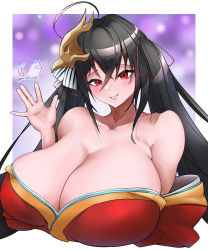 Rule 34 | 1girl, absurdres, ahoge, artist name, azur lane, bare shoulders, bird mask, black hair, bow, breasts, cleavage, collarbone, crossed bangs, hair ribbon, highres, huge breasts, japanese clothes, kimono, long hair, looking at viewer, mask, mask on head, off shoulder, pon niki ode, red eyes, red kimono, ribbon, signature, smile, solo, striped, striped bow, taihou (azur lane), teeth, twintails, very long hair