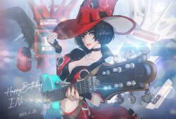 Rule 34 | 1girl, adjusting clothes, adjusting headwear, black choker, black gloves, black hair, breasts, character name, choker, cleavage, dated, electric guitar, fingerless gloves, gloves, guilty gear, guilty gear strive, guitar, happy birthday, hat, hitsuji kusa, i-no, instrument, large breasts, looking at viewer, mole, mole above mouth, red headwear, red leather, red lips, red nails, short hair, venus symbol, witch hat