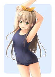 Rule 34 | 1girl, armpits, arms up, blue background, blue one-piece swimsuit, cowboy shot, green eyes, hair ribbon, highres, light brown hair, long hair, looking at viewer, old school swimsuit, one-piece swimsuit, original, ribbon, school swimsuit, shibacha, solo, standing, swimsuit