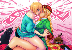Rule 34 | 2girls, alternate costume, ass, beret, blonde hair, braid, breasts, cammy white, capcom, cat, cleavage, clothes lift, darkereve, dress, dress lift, eye contact, hat, highres, holding hands, imminent kiss, juni (street fighter), looking at another, multiple girls, panties, scar, street fighter, street fighter v, twin braids, underwear, yuri