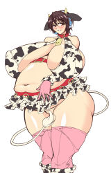 Rule 34 | 10s, 1girl, animal ears, animal print, bare shoulders, bell, belt, blush, breasts, brown eyes, brown hair, censored, collar, convenient censoring, covered erect nipples, cow ears, cow girl, cow horns, cow print, cow tail, detached sleeves, female focus, gigantic breasts, gloves, headphones, horns, idolmaster, idolmaster cinderella girls, jewelry, miniskirt, navel, no panties, oikawa shizuku, pink gloves, plump, pregnant, renges, ring, short hair, simple background, skirt, smile, solo, standing, tail, thighhighs, wedding ring, white background, wide hips