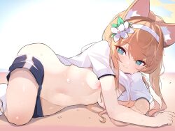 Rule 34 | 1girl, absurdres, animal ear fluff, animal ears, black shorts, blue archive, blue eyes, blush, breasts, cat ears, closed mouth, extra ears, flower, gym shirt, gym shorts, gym uniform, hair flower, hair ornament, halo, headband, highres, long hair, looking at viewer, lying, mari (blue archive), mari (track) (blue archive), nipples, official alternate costume, on side, orange hair, shirt, short sleeves, shorts, small breasts, smile, socks, solo, teranekosu, white flower, white headband, white shirt, white socks, yellow halo