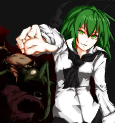 1girl androgynous antennae bad_id bad_pixiv_id bug cape fang female_focus flimflam foreshortening glowing glowing_eyes green_eyes green_hair highres matching_hair/eyes reverse_trap solo touhou wriggle_nightbug