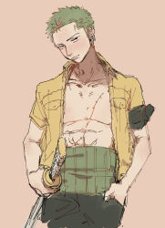 Rule 34 | 1boy, enies lobby, green hair, haramaki, highres, male focus, one piece, open clothes, open shirt, roronoa zoro, scar, shirt, simple background, solo