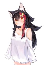 Rule 34 | 1girl, absurdres, animal ear fluff, animal ears, bare shoulders, black hair, blush, breasts, brown eyes, closed mouth, clothing cutout, collarbone, commentary request, flipped hair, hair between eyes, hair ornament, hairclip, highres, hololive, long hair, long sleeves, looking at viewer, multicolored hair, ookami mio, ookami mio (casual), red hair, shirt, shoulder cutout, simple background, sleeves past fingers, sleeves past wrists, small breasts, solo, streaked hair, very long hair, virtual youtuber, white background, white shirt, wolf ears, yu hydra