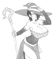 Rule 34 | 1girl, bare shoulders, breasts, collarbone, commentary, cosplay, detached sleeves, english commentary, greyscale, hair over one eye, hand on headwear, hat, holding, holding staff, huge breasts, light smile, looking at viewer, monochrome, original, parted lips, saya (twrlare), short hair, simple background, solo, sorceress (dragon&#039;s crown) (cosplay), staff, twrlare, white background, witch hat