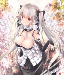 Rule 34 | 1girl, azur lane, bare shoulders, black dress, blush, breasts, bridal gauntlets, cleavage, clothes lift, collar, collarbone, commentary request, dress, dress lift, elbow gloves, floating hair, flower (symbol), formidable (azur lane), frilled dress, frills, gloves, hair ribbon, kurun (kurun777), large breasts, long hair, looking at viewer, red eyes, ribbon, sidelocks, silver hair, solo, twintails, two-tone dress, two-tone ribbon, very long hair, window