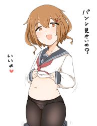 Rule 34 | 1girl, anchor symbol, black pantyhose, black sailor collar, brown hair, clothes lift, clothes pull, cowboy shot, fang, hair ornament, hairclip, highres, ikazuchi (kancolle), kantai collection, long sleeves, looking at viewer, neckerchief, panties, panties under pantyhose, pantyhose, red neckerchief, sailor collar, school uniform, serafuku, shiming liangjing, shirt lift, short hair, simple background, solo, translation request, underwear, white background