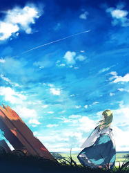 Rule 34 | 1girl, back, blue skirt, blue sky, cloud, contrail, day, detached sleeves, field, frog hair ornament, from behind, grass, green hair, hair ornament, hair tubes, horizon, japanese clothes, ke-ta, kochiya sanae, long hair, long skirt, long sleeves, looking at viewer, looking back, looking to the side, miko, outdoors, profile, sample watermark, shirt, skirt, sky, snake hair ornament, solo, touhou, watermark, wide sleeves