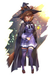 1girl :| absurdres agnes_tachyon_(umamusume) animal_ears artist_logo black_bow black_bowtie black_cape black_thighhighs bow bowtie brown_footwear brown_hair cape closed_mouth commentary dress full_body hair_between_eyes hat highres holding holding_wand horse_ears horse_tail layered_dress lens_flare logo mary_janes pleated_dress purple_dress rabbit_on_shoulder red_eyes shoes short_hair solo standing star_(symbol) tail thighhighs thighs umamusume wand white_background white_bow witch_hat yanyo_(ogino_atsuki) zettai_ryouiki