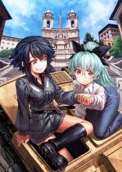 Rule 34 | 10s, 2girls, alternate hairstyle, anchovy (girls und panzer), anzio (emblem), anzio military uniform, belt, black footwear, black hair, black ribbon, black shirt, blue skirt, boots, braid, brown eyes, building, carro veloce cv-33, casual, closed mouth, cloud, cloudy sky, collared shirt, commentary request, crossed legs, day, denim, denim skirt, dress shirt, emblem, frown, girls und panzer, glasses, green hair, grey jacket, grey skirt, grin, hair ribbon, highres, holding hands, jacket, kneeling, knife, lain, location request, long hair, long skirt, long sleeves, looking at another, looking at viewer, military, military uniform, military vehicle, miniskirt, motor vehicle, multiple girls, outdoors, pencil skirt, pepperoni (girls und panzer), ponytail, red eyes, ribbon, round eyewear, shirt, short hair, side braid, sitting, skirt, sky, smile, sweatdrop, tank, uniform, white shirt