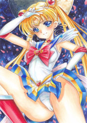 Rule 34 | 1girl, arm up, bishoujo senshi sailor moon, blonde hair, blue eyes, blue sailor collar, boots, brooch, cameltoe, choker, circlet, closed mouth, clothes lift, collarbone, crescent, crescent earrings, double bun, earrings, elbow gloves, gloves, hair bun, hair intakes, hair ornament, heart, heart brooch, heart choker, highres, jewelry, leg up, leotard, leotard peek, long hair, looking at viewer, marker (medium), miniskirt, multicolored clothes, multicolored skirt, pleated skirt, red footwear, sailor collar, sailor moon, sailor senshi uniform, skirt, skirt lift, smile, solo, super sailor moon, tomoeri, traditional media, twintails, very long hair, white gloves, white leotard, yellow choker