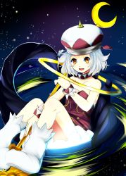 Rule 34 | 1girl, :d, absurdres, angol mois, bare shoulders, between legs, cape, collar, collarbone, crescent, crescent moon, dress, hand between legs, hat, highres, hiyori-1108, holding, holding weapon, jewelry, keroro gunsou, looking at viewer, lucifer spear, moon, neck ring, open mouth, red dress, ring, shoes, short hair, silver hair, sky, smile, socks, solo, space, spikes, star (sky), starry sky, tareme, thighs, weapon, white footwear, white socks, wrist cuffs, yellow eyes