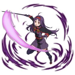 Rule 34 | 1girl, :d, ahoge, augma, belt, blue thighhighs, boots, dress, floating hair, full body, gloves, hairband, highres, holding, holding sword, holding weapon, leg up, long hair, looking at viewer, official art, open mouth, outstretched arm, purple dress, purple footwear, purple gloves, purple hair, red eyes, red hairband, short dress, smile, solo, sword, sword art online, thighhighs, transparent background, very long hair, weapon, yuuki (sao)
