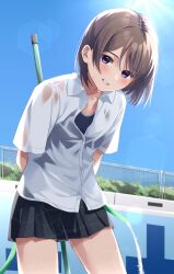 Rule 34 | 1girl, absurdres, arms behind back, black skirt, blue sky, blush, brown hair, chain-link fence, collared shirt, commentary request, day, fence, grin, highres, holding, holding hose, hose, kiona (giraffe kiona), original, outdoors, pool, purple eyes, school swimsuit, school uniform, see-through, see-through shirt, shirt, short hair, short sleeves, skirt, sky, smile, solo, sweat, swimsuit, wet, wet clothes, wet shirt, white shirt