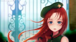 Rule 34 | 1girl, bad id, bad pixiv id, beret, blue eyes, blurry, bow, braid, brick wall, bush, depth of field, eliskalti, expressionless, gate, green vest, hair bow, half-closed eyes, hat, highres, hong meiling, lips, long hair, looking at viewer, no shirt, parted lips, pink lips, portrait, red hair, signature, solo, star (symbol), touhou, twin braids, upper body, vest, watermark, web address, wind