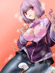 Rule 34 | 1girl, anal beads, between legs, black skirt, bow, bra, breasts, cardigan, character request, check commentary, cleavage, collared shirt, commentary, commentary request, eyelashes, gradient background, gridman universe, highres, jacket, large breasts, leggings, long sleeves, looking at viewer, miniskirt, motion lines, off shoulder, open clothes, open mouth, open shirt, orange background, pantyhose, pink bra, pink hair, pink shirt, pleated skirt, purple bow, purple hair, purple jacket, red eyes, school uniform, sex toy, shinjou akane, shirt, short hair, simple background, skirt, snake, ssss.gridman, steam, steaming body, sweat, trembling, underwear, unzipped, yokareto omotte, zipper