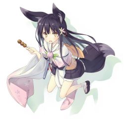 Rule 34 | 1girl, animal ear fluff, animal ears, black hair, dango, fang, flower, food, fox ears, fox tail, hair ornament, holding, japanese clothes, kuromitsu nene, long hair, looking at viewer, open mouth, original, poco (asahi age), sandals, simple background, skewer, skirt, smile, socks, solo, tail, wagashi, wide sleeves, yellow eyes