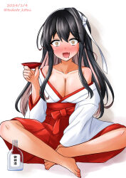 Rule 34 | 1girl, @ @, alternate costume, bare shoulders, barefoot, black hair, blush, breasts, cleavage, collarbone, cup, dated, drooling, drunk, empty bottle, hairband, hakama, highres, holding, holding cup, japanese clothes, kamiya tadato, kantai collection, kimono, large breasts, long hair, looking at viewer, miko, mouth drool, multicolored hair, naganami (kancolle), off shoulder, open mouth, pink hair, red hakama, simple background, sitting, solo, twitter username, two-tone hair, white background, white hairband, white kimono, yellow eyes