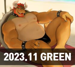 Rule 34 | 1boy, armpit hair, armpit hair peek, bara, beard, belly, bowser, briefs, bulge, come hither, dopey (dopq), facial hair, fat, fat man, feet out of frame, full beard, furry, furry male, highres, horns, knee up, large pectorals, male focus, male underwear, mario (series), mature male, muscular, muscular male, navel, nintendo, nipples, original, paid reward available, pectorals, seductive smile, shell, short hair, sitting, smile, solo, stomach, thick beard, thick eyebrows, thick thighs, thighs, topless male, underwear