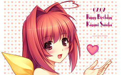 Rule 34 | 1girl, :d, ahoge, blush, hair intakes, happy birthday, heart, heart ahoge, heart background, highres, kagami sumika, muv-luv, official art, official wallpaper, open mouth, pink eyes, red hair, ribbon, sayori (neko works), smile, solo, wallpaper