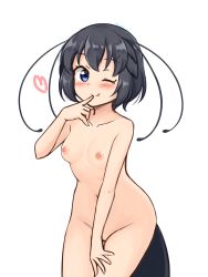 Rule 34 | 1girl, ;q, absurdres, antennae, black hair, blue eyes, blush, breasts, collarbone, commentary, completely nude, cowboy shot, finger to mouth, hand on own thigh, head wings, heart, highres, kemono friends, looking at viewer, medium breasts, navel, nipples, nude, one eye closed, shiraha maru, short hair, simple background, solo, tail, tongue, tongue out, western parotia (kemono friends), white background, wings