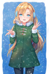 Rule 34 | 1girl, black pantyhose, blonde hair, blue background, blue eyes, blush, commentary request, cowboy shot, dress, earmuffs, fur trim, green dress, green jacket, hair between eyes, hands up, highres, ib (kouri), jacket, long hair, long sleeves, looking at viewer, mary (ib), open mouth, pantyhose, roke (taikodon), simple background, smile, snow, solo, standing, very long hair