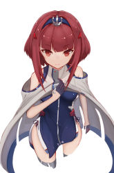 Rule 34 | 1girl, ao kulomu, azur lane, bare shoulders, birmingham (azur lane), blue gloves, blunt bangs, cape, commentary request, gloves, hair intakes, hairband, half gloves, highres, looking at viewer, medium hair, red eyes, red hair, side slit, sidelocks, simple background, sleeveless, smile, solo, tabard, white background, white cape