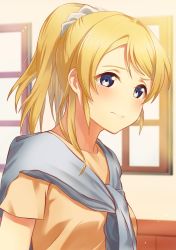 Rule 34 | 1girl, aqua scarf, artist name, artist request, ayase eli, blonde hair, blue eyes, blush, breasts, close-up, commentary, female focus, hair between eyes, hair ornament, hair scrunchie, high ponytail, indoors, long hair, looking at viewer, love live!, love live! school idol project, medium breasts, parted lips, ponytail, portrait, scarf, scrunchie, shirt, short hair, short sleeves, sidelocks, smile, solo, supra is black (altea), upper body, white scrunchie, window, yellow shirt
