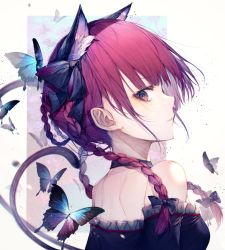 Rule 34 | 1girl, adapted costume, animal ear fluff, animal ears, back, bare shoulders, black bow, bow, braid, bug, butterfly, cat ears, cat tail, choker, dress, extra ears, from behind, from side, hair bow, highres, hito komoru, insect, kaenbyou rin, long hair, looking at viewer, looking back, nekomata, off-shoulder dress, off shoulder, profile, red eyes, red hair, sideways glance, simple background, solo, tail, touhou, twin braids, twintails, white background
